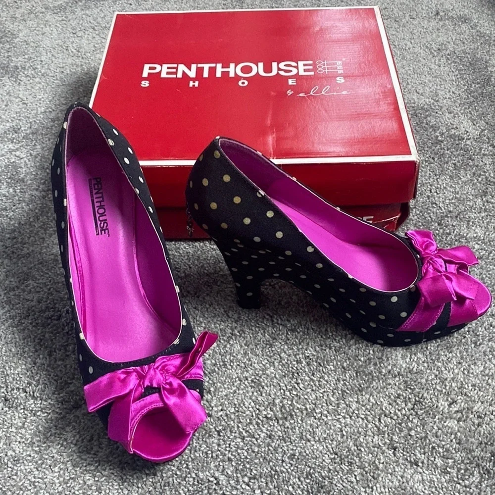Penthouse Shoes by ellie Black White Polka Dots Pink Bows sz 9
